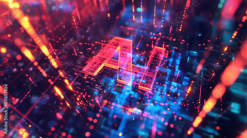 A vibrant depiction of the letters "AI" in a glowing digital matrix, surrounded by neon lights and circuitry.