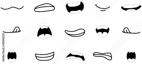 Cartoon mouth smile, happy, sad expression set. Hand drawn doodle mouth, tongue caricature emoji icon. Funny comic doodle style. Vector illustration