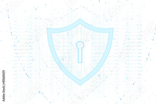 Digital shield with keyhole surrounded by binary code on a light blue background, indicating data protection concept