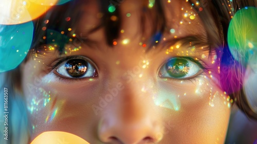 A close up of a little girl with black hair, bangs, smiling, with twinkling Christmas lights reflecting in her iris, eyelashes, nose, and rosy cheeks. A beautiful scene filled with joy and fun AIG50