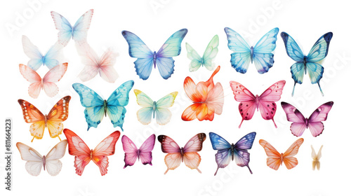 Collection of Iridescent Butterflies on Transparent Background.