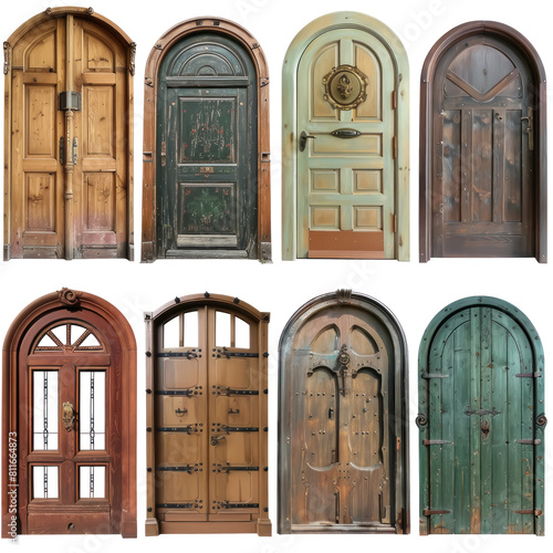 A collection of old wooden doors with various designs and colors,isolated on white background or transparent background