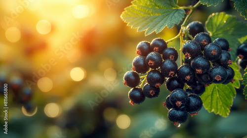 Wet black currant branch with berries in sunrise