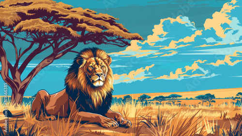 Lion in Masai Mara National Reserve, Kenya. Colorful comic style painting illustration.