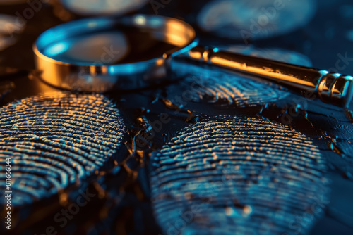 Crime Evidence, Magnifying glass over fingerprints highlighting investigative law enforcement.