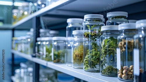 Close up of shelves filled with jars of plant samples and botanical extracts in a pharmacognosy laboratory