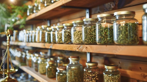 Close up view of shelves stocked with jars of dried herbs and tinctures in a traditional herbal medicine dispensary, with apothecary jars and scales in the foreground