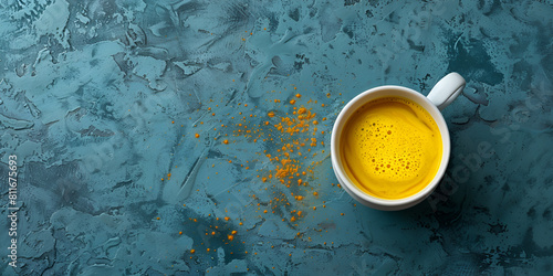 Cup of ayurvedic golden turmeric milk with honey on blue, Cup full of golden milk served with spoon and bowl of turmeric on gray concrete background. 