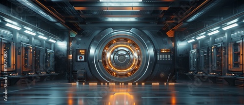 An imaginative rendering of a hightech vault door with a digital interface, illustrating the concept of security and protection in banking systems 8K , high-resolution, ultra HD,up32K HD