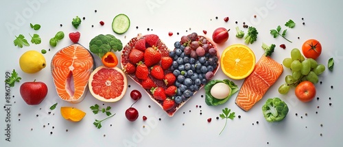 An infographic showcasing the benefits of a diet rich in fruits, vegetables, fish, and whole grains for heart health, emphasizing clean arteries and cholesterol management 8K , high-resolution, ultra 