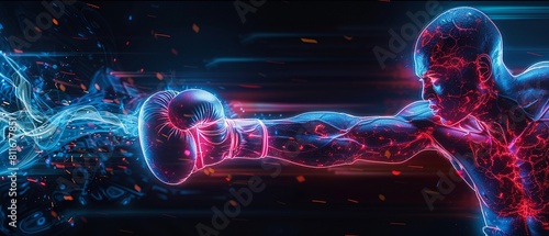 The strength and determination of a boxers punch depicted in neon, set against a black setting 8K , high-resolution, ultra HD,up32K HD