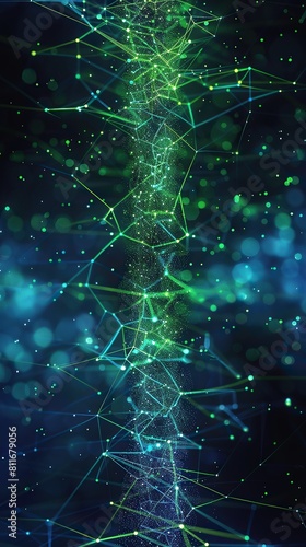 A column of glowing green and blue plexus connections streaming vertically down a midnight background, creating a high-energy effect with a clear area for text in the upper quarter