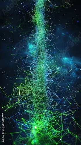 A column of glowing green and blue plexus connections streaming vertically down a midnight background, creating a high-energy effect with a clear area for text in the upper quarter