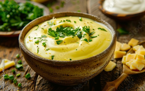 A bowl of sour cream with parsley and cheese.
