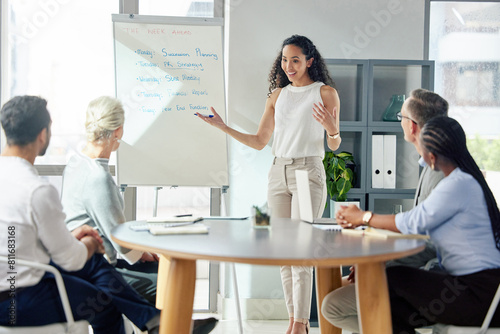 Business, woman and employee presentation and whiteboard, faq and training for company project. Briefing, collaboration meeting and discussion for pitch, presenter and coworkers for work strategy