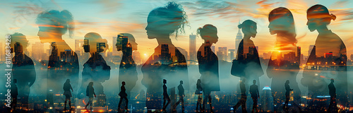 A group of business people, a team of colleagues, diversity, silhouette, double exposure, human ressource and business background