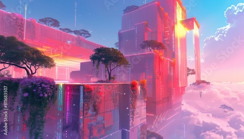 Capture the essence of a chromatic utopia where pixelated rainbow ingredients cascade from the sky onto a cybernetic culinary academy, blending taste and technology harmoniously
