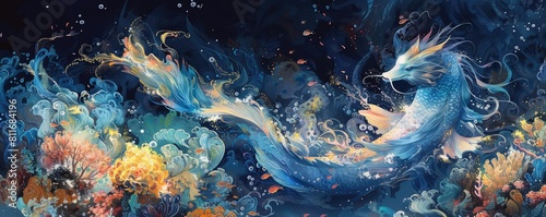 Imagine an eye-level angle capturing mythical creatures in mesmerizing underwater worlds using vibrant watercolor strokes and intricate details