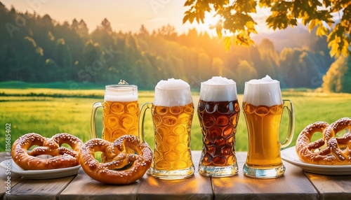 a background banner featuring beer steins, pretzels, and Bavarian colors, capturing the festive spirit of Oktoberfest
