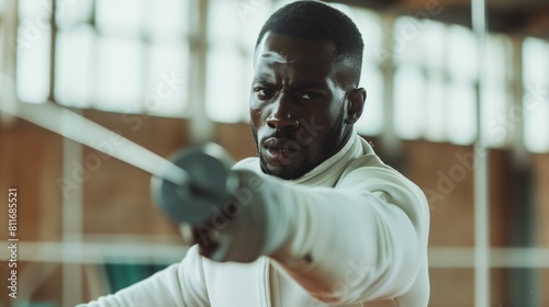 Black man practicing fencing sport, person is focused and enjoying the sport, sports photography, generative ai