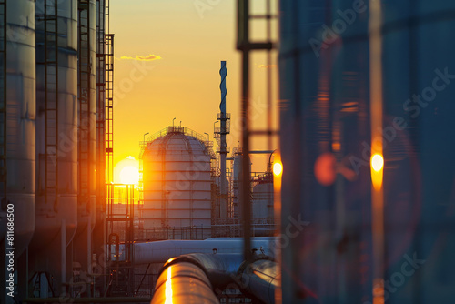 A sunset is reflected in the windows of a large industrial plant