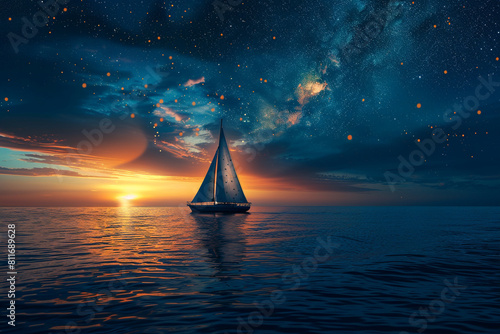 A lone sailboat cruising on a calm ocean under a star-filled night sky.