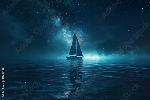 A lone sailboat cruising on a calm ocean under a star-filled night sky.