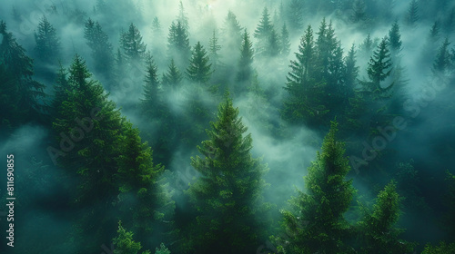 A forest with trees and fog.