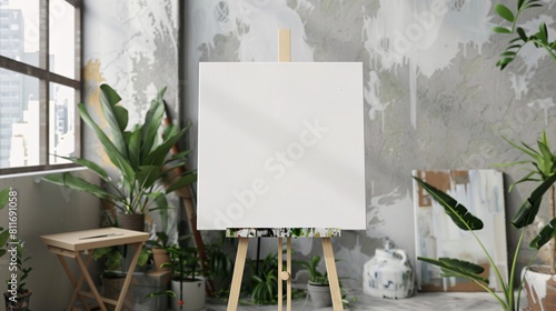 Wooden easel with blank canvas standing in modern artist studio. Mock up, copy space.