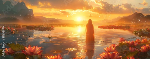 Lost in the beauty of the moment, a woman stands in the lotus pond, enveloped by the serene ambiance of the setting sun and the tranquil waters