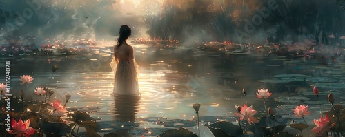 As daylight fades, a woman stands in the lotus pond, enveloped by the beauty of natures symphony, her spirit uplifted by the tranquil scene