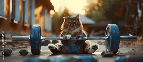 Feline Fitness Fanatic Playful Cat Lifting Weights at Sunset
