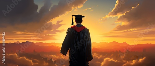 A graduates silhouette against a dramatically lit sky, holding a cap and diploma, symbolizing success and the vast potential of the future