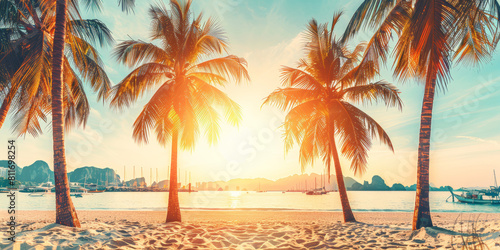 A beautiful beach scene with palm trees and a sunset in the background