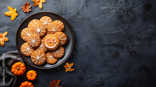 Plate with tasty cookies and pumpkins for Halloween ce