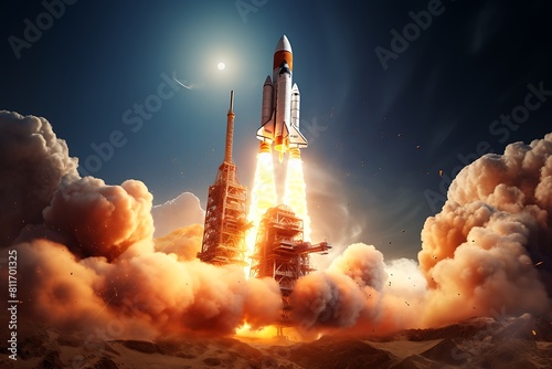 Rocket launch into space. 3d rendering Mixed media.
