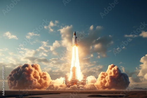 Rocket launch into space. 3d rendering Mixed media.