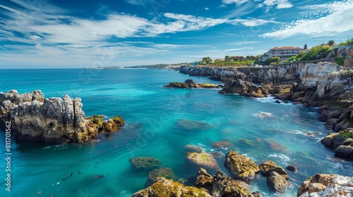 Cascais, Portugal. Beautiful coast of Atlantic ocean with blue water and rocks