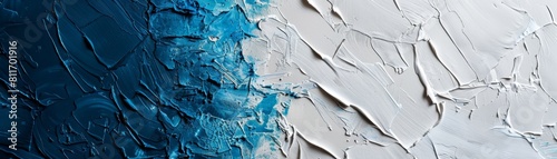 The image is a close-up of a blue and white abstract painting