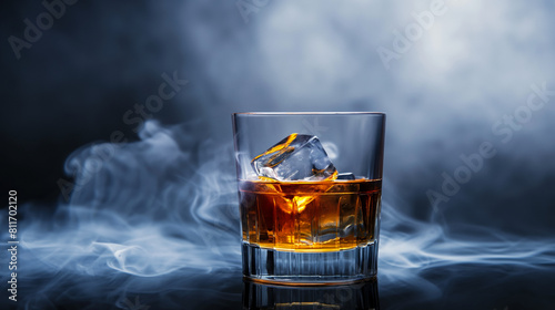A sophisticated glass of whiskey with a single ice cube, emitting a warm amber glow, isolated on a smoke gray gradient background 