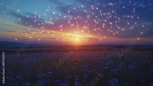 The image shows a beautiful sunset over a field of flowers