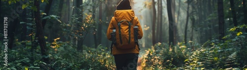 The photo shows a person walking down a forest path