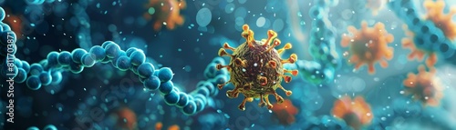 This is an image of a virus. The virus is surrounded by a blue background. The virus is green and yellow.