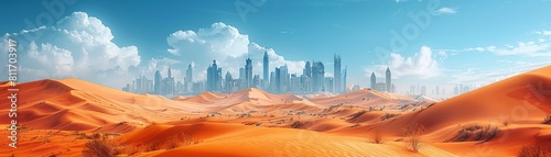 A desert landscape with a city in the distance