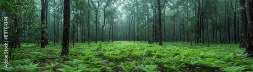 The photo shows a beautiful lush green dense forest with tall tress and green ground plants.