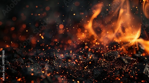 Charcoal For Barbecue Background - Hot Flames And Abstract Defocused Sparks