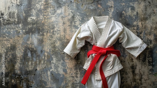 Red martial arts belt and white kimono on gray textured surface seen from above
