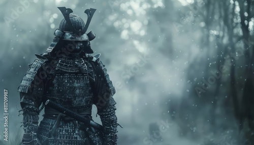 A samurai in full traditional armor standing solemnly in a misty, ancient Japanese forest