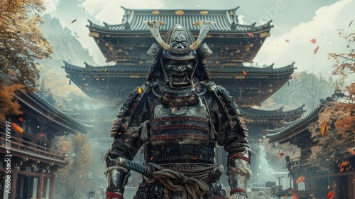 A samurai in ornate armor standing guard at the gates of an ancient, ornately carved temple