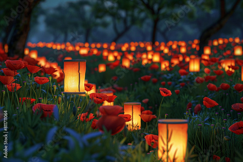 Lanterns cast a warm glow over a poppy field, setting a reflective ne Memorial Day.
